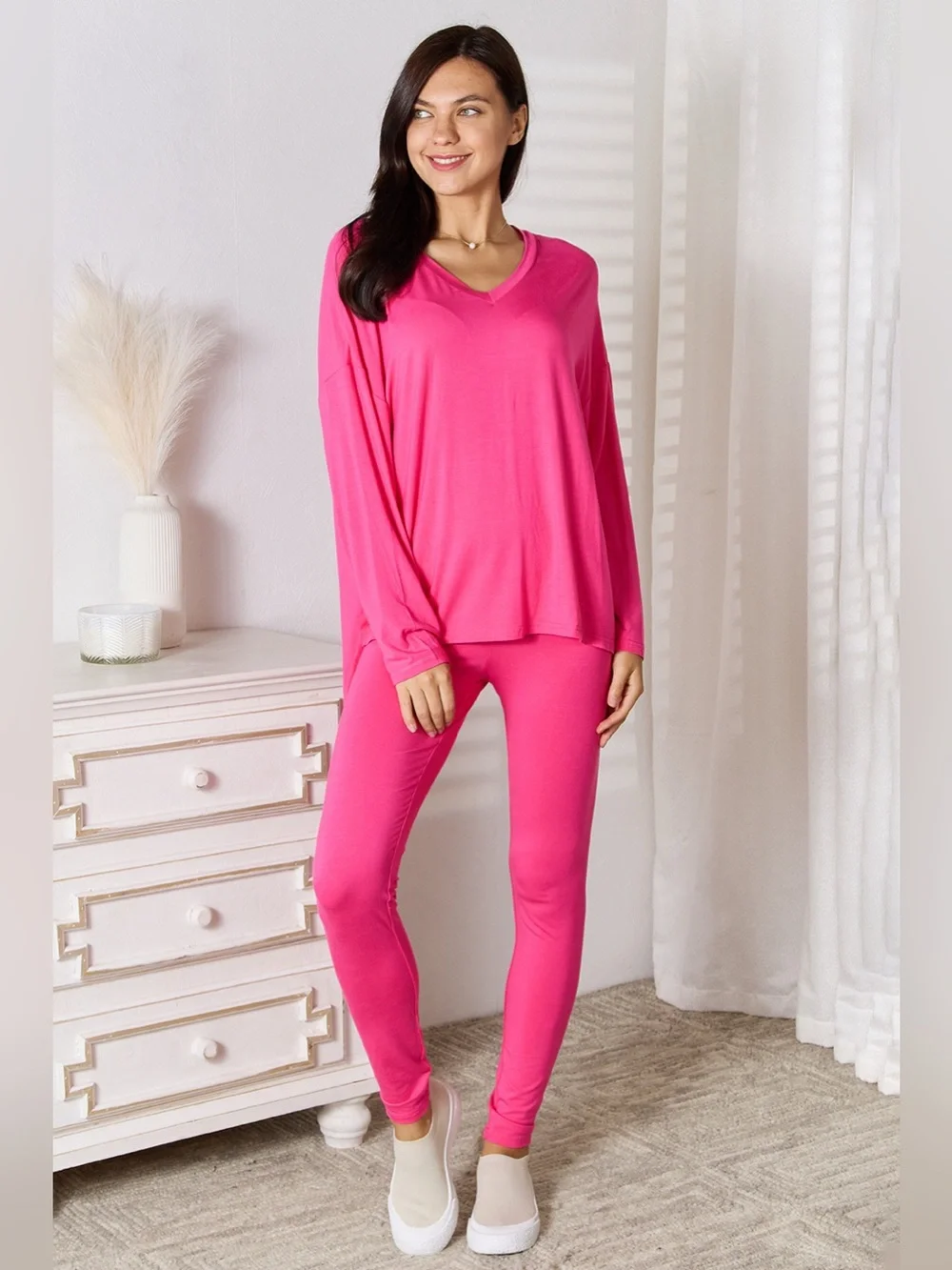 Basic Bae Full Size V-Neck Soft Rayon Long Sleeve Top and Pants Lounge Set